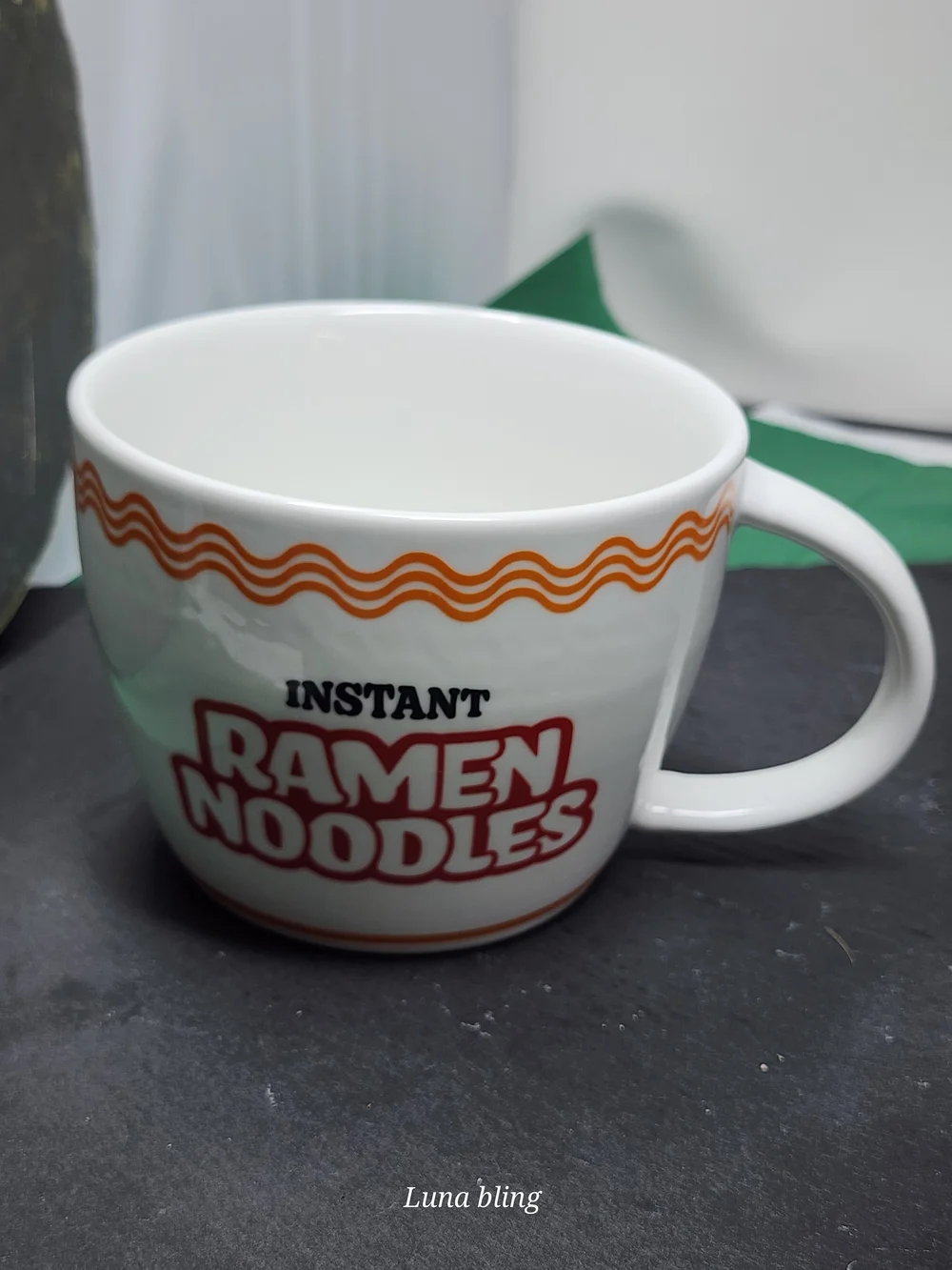 Instant Ramen Noodles Ceramic Mug - White with Orange and Red Graphics